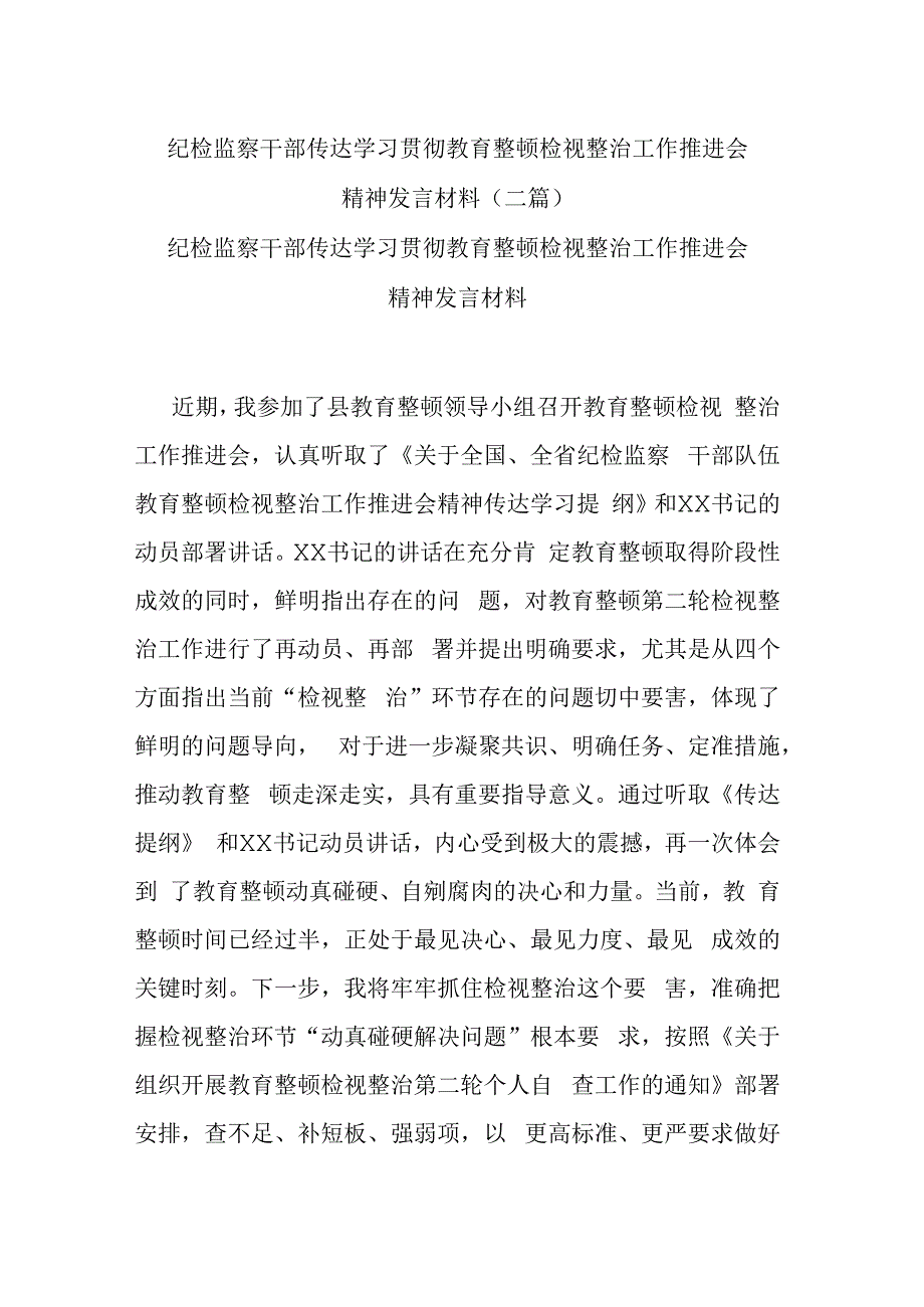 纪检监察干部传达学习贯彻教育整顿检视整治工作推进会精神发言材料(二篇).docx_第1页