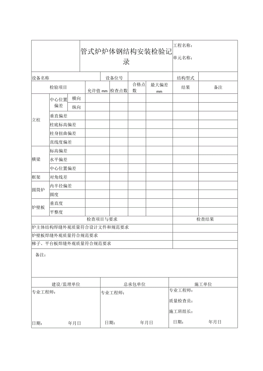 管式炉炉体钢结构安装检验记录.docx_第1页