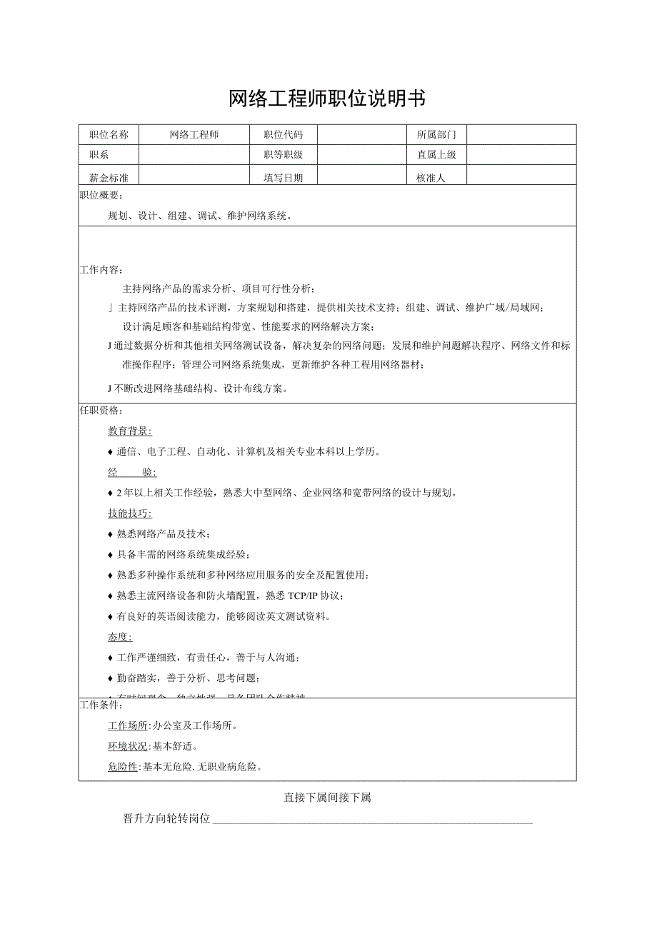 网络工程师职位说明书.docx_第1页