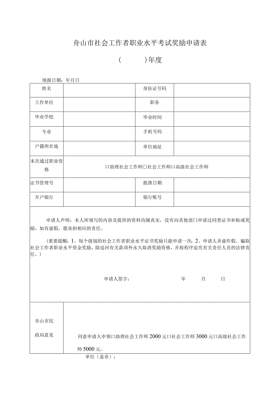 舟山市社会工作者职业水平考试奖励申请表年度.docx_第1页