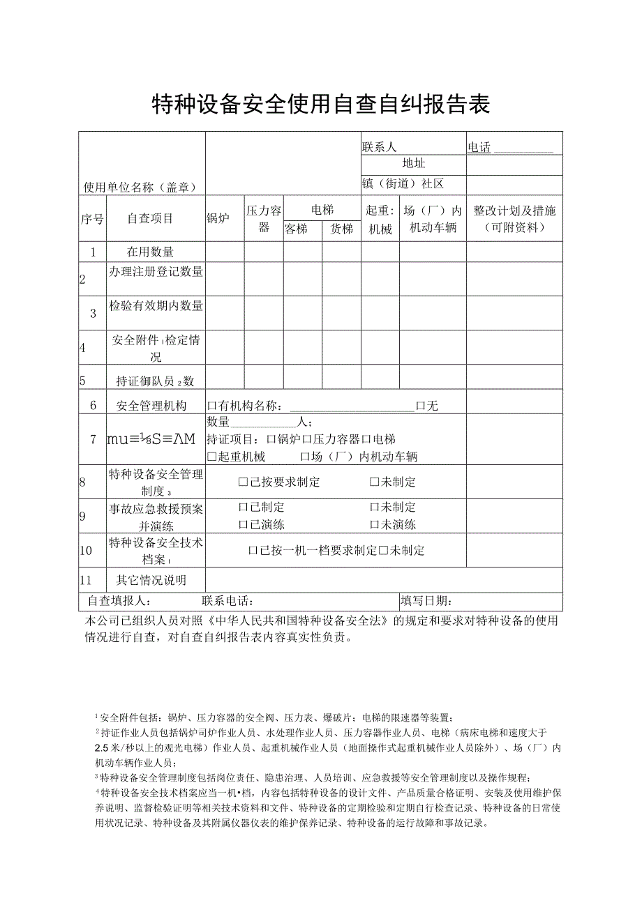 特种设备安全使用自查自纠报告表.docx_第1页