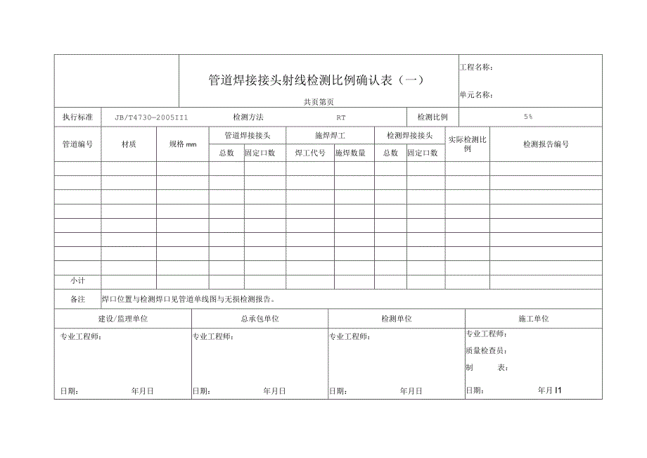 管道焊接接头射线检测比例确认表（一）.docx_第1页