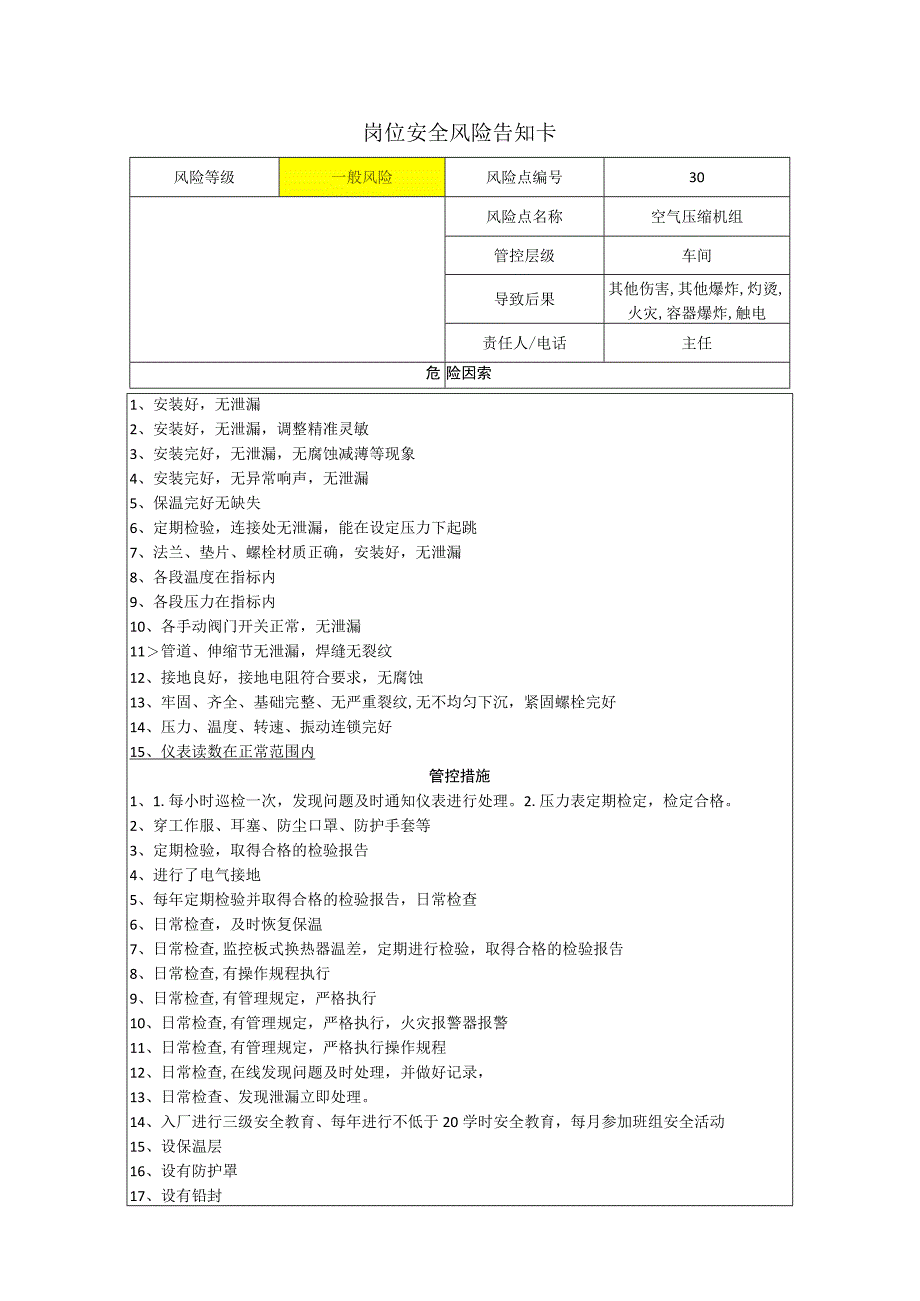 粉末涂料有限公司空气压缩机组岗位风险告知卡.docx_第1页