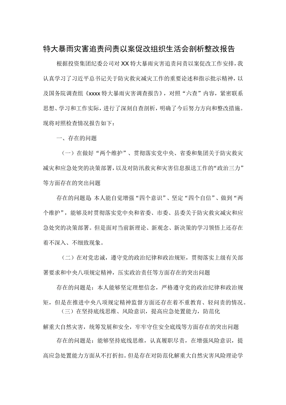 特大暴雨灾害追责问责以案促改组织生活会剖析整改报告.docx_第1页