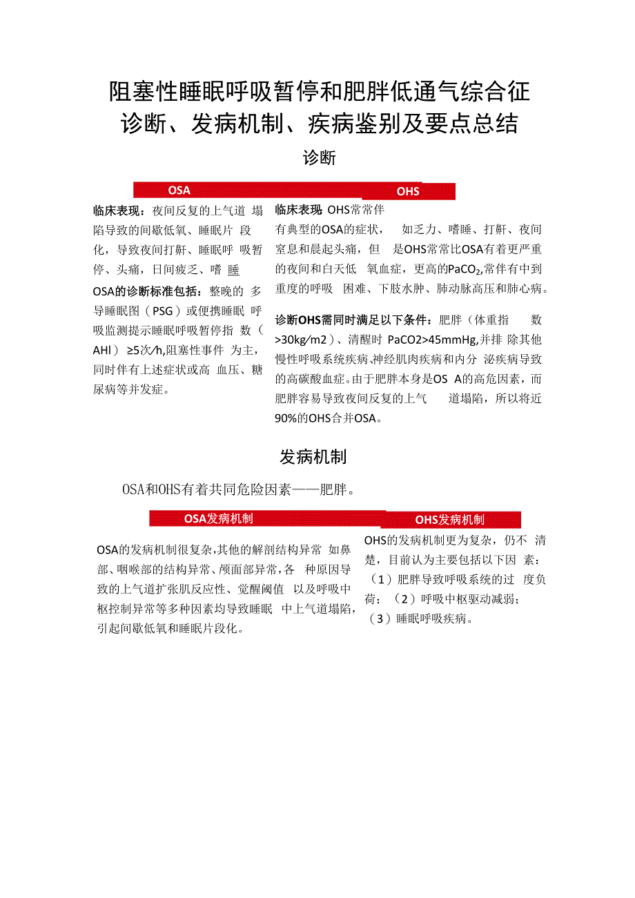 阻塞性睡眠呼吸暂停和肥胖低通气综合征诊断、发病机制、疾病鉴别及要点总结.docx_第1页