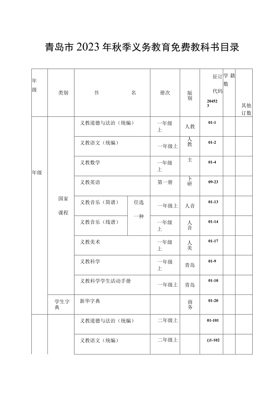 青岛市2023年秋季义务教育免费教科书目录.docx_第1页