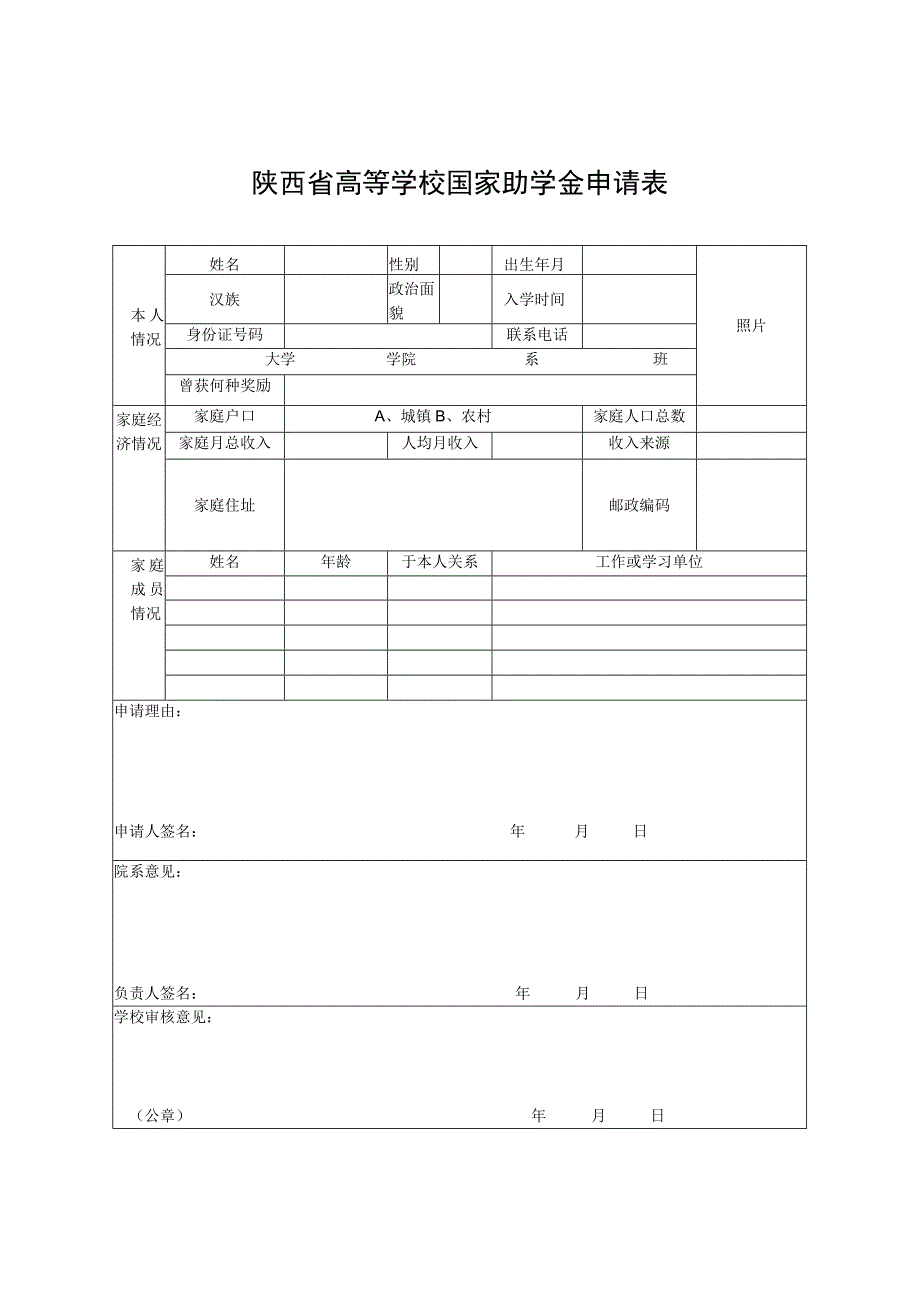 陕西省高等学校国家助学金申请表.docx_第1页