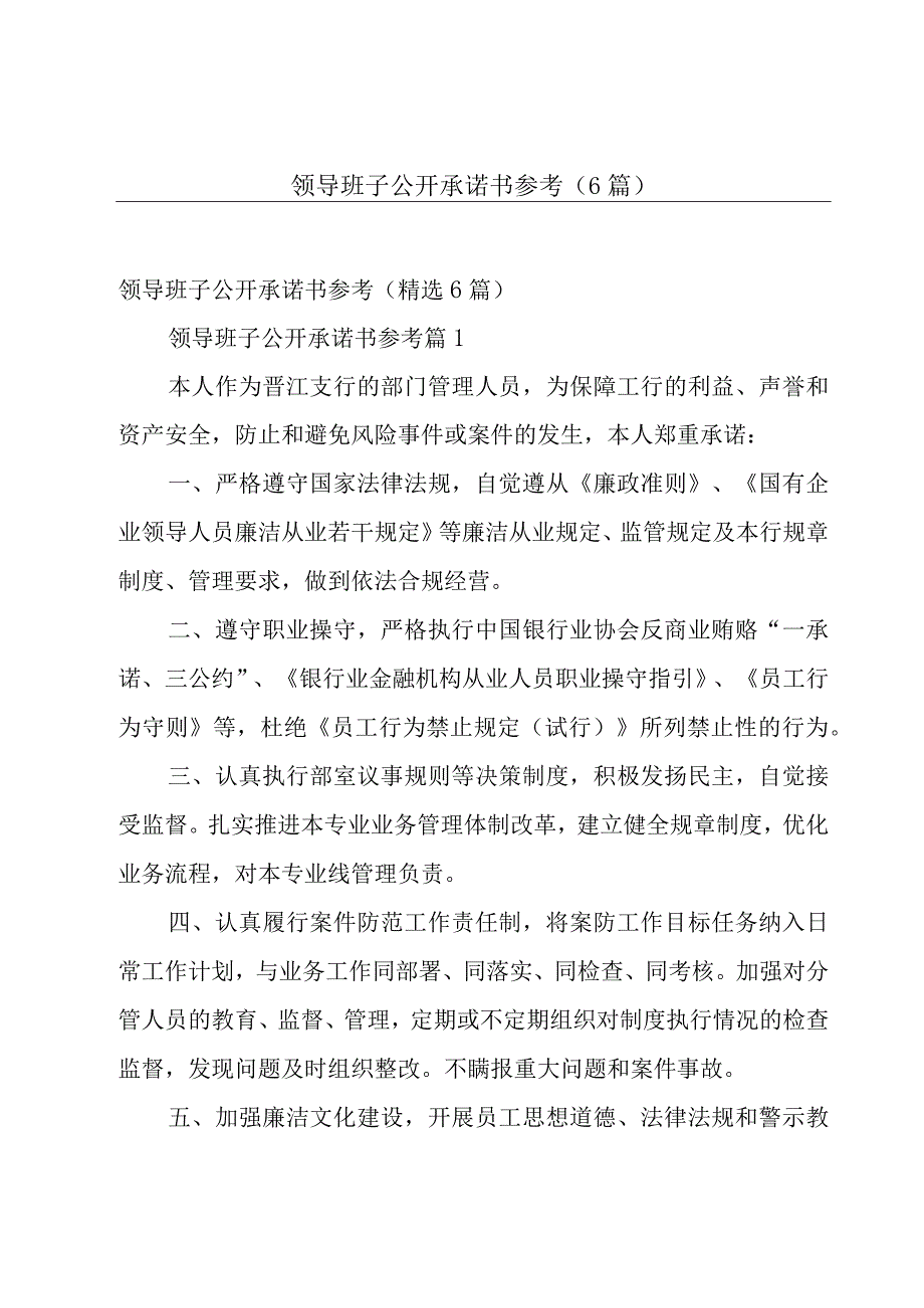 领导班子公开承诺书参考（6篇）.docx_第1页