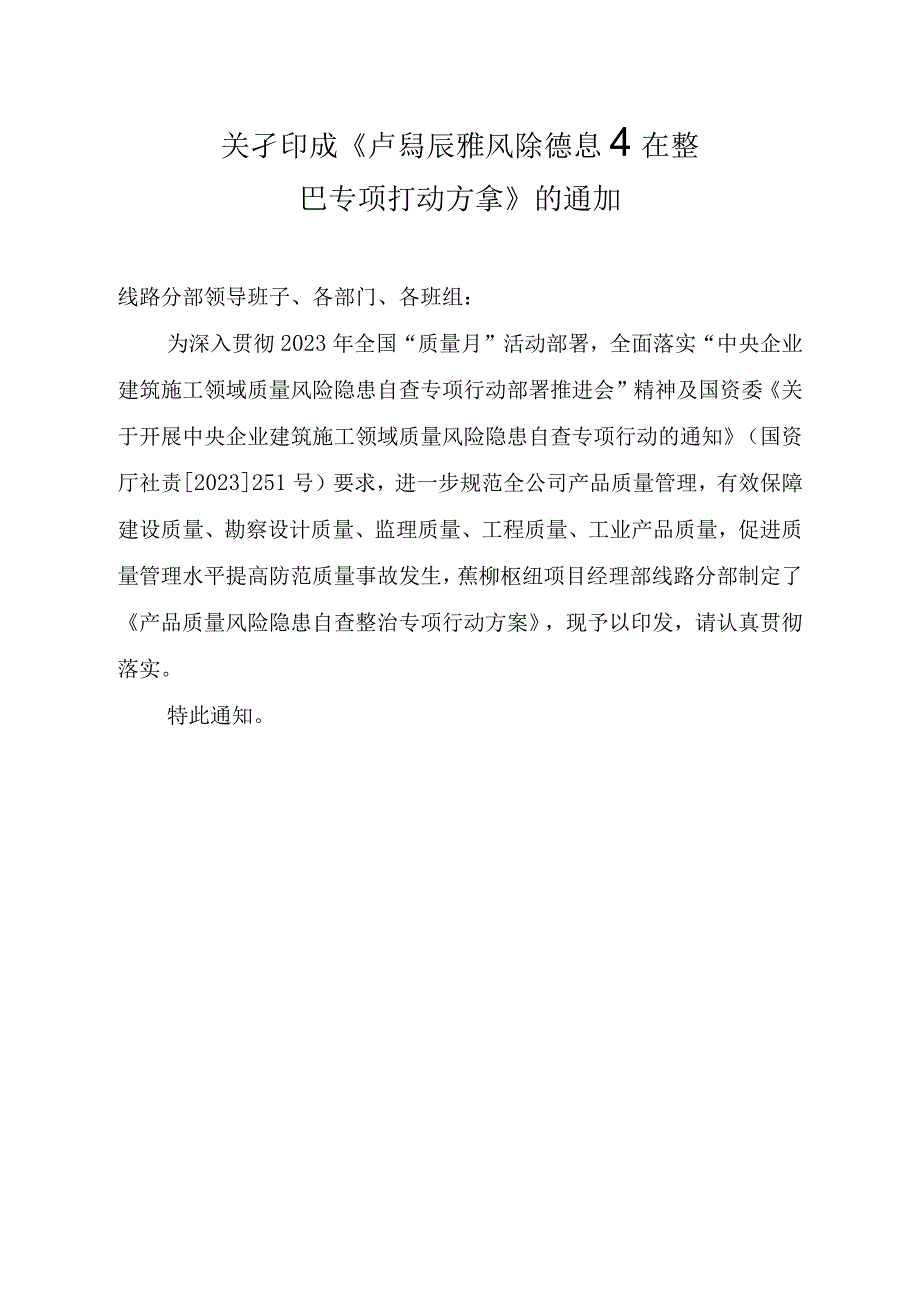 项目产品质量风险隐患自查整治专项行动方案.docx_第1页