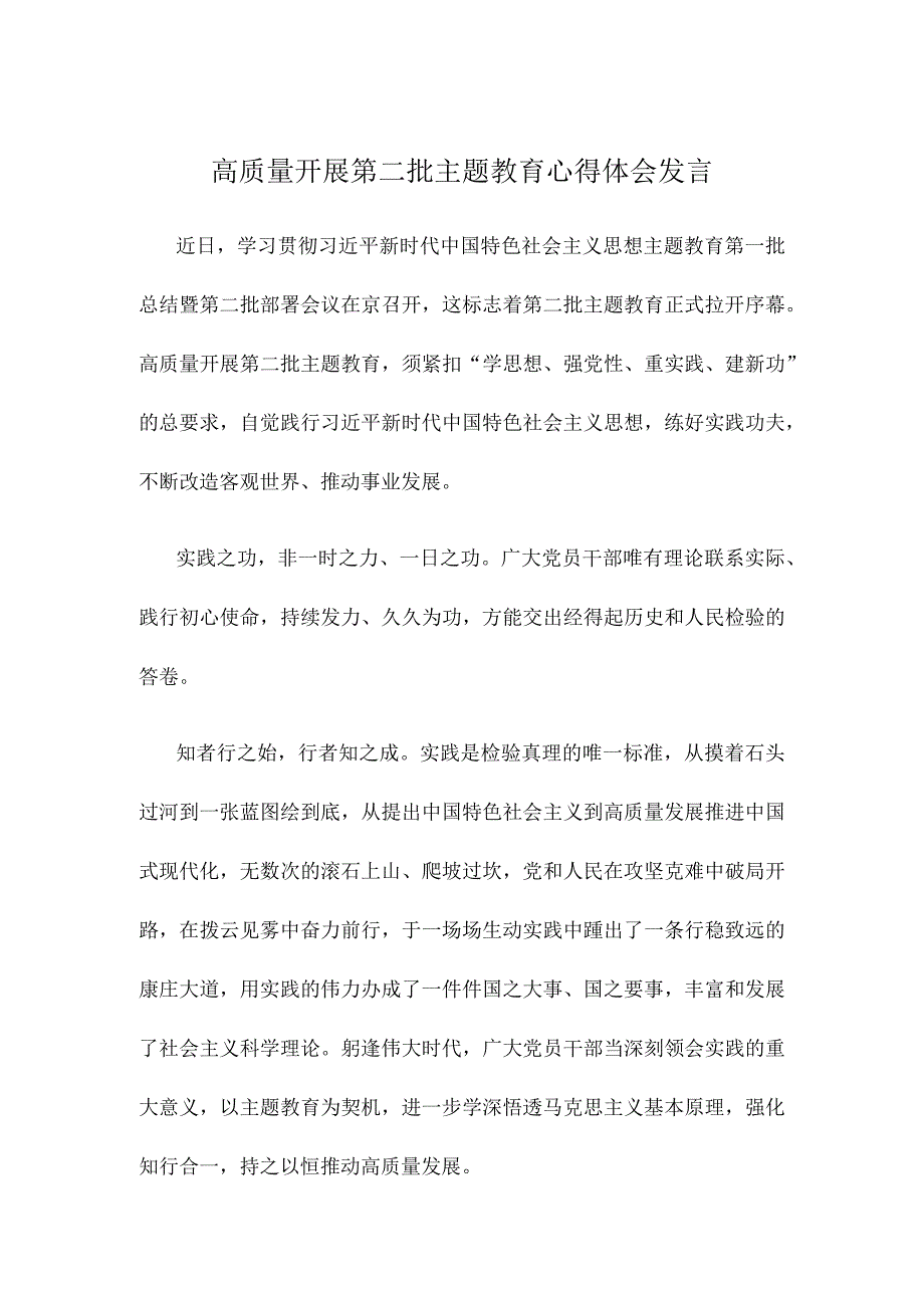 高质量开展第二批主题教育心得体会发言.docx_第1页