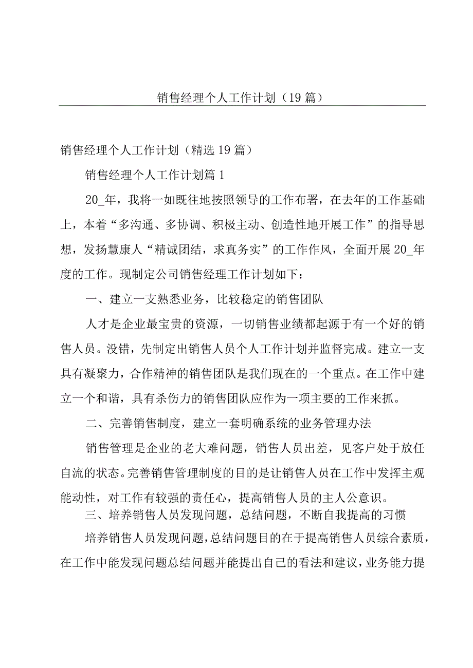 销售经理个人工作计划（19篇）.docx_第1页