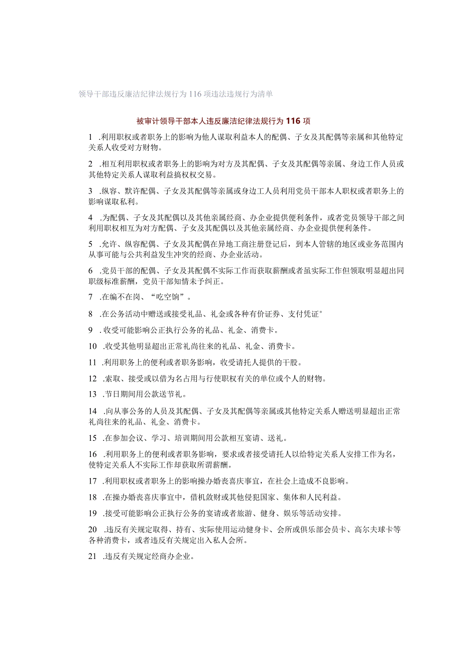 领导干部违反廉洁纪律法规行为116项违法违规行为清单.docx_第1页