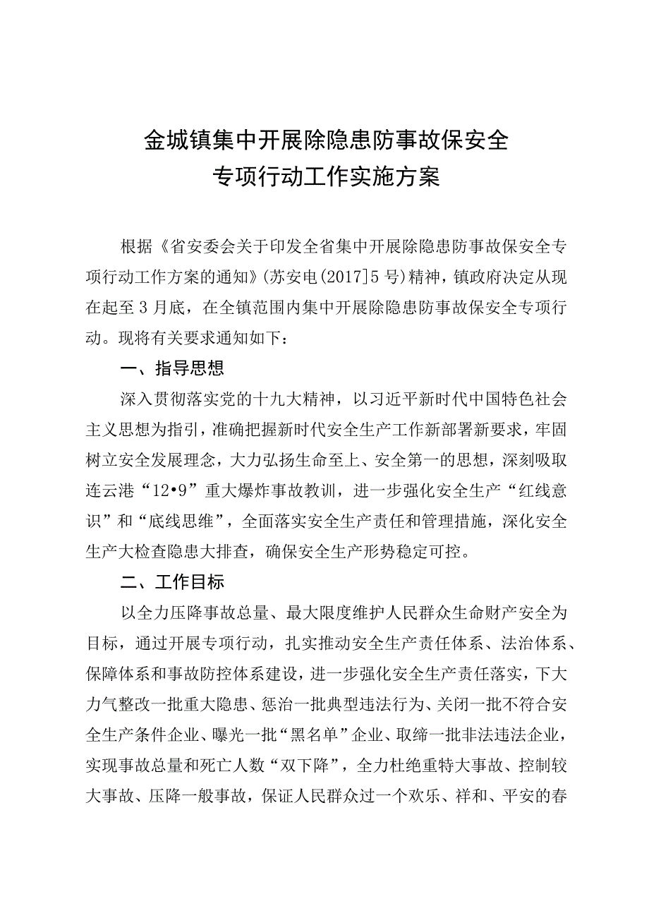 金城镇集中开展除隐患防事故保安全专项行动工作实施方案.docx_第1页