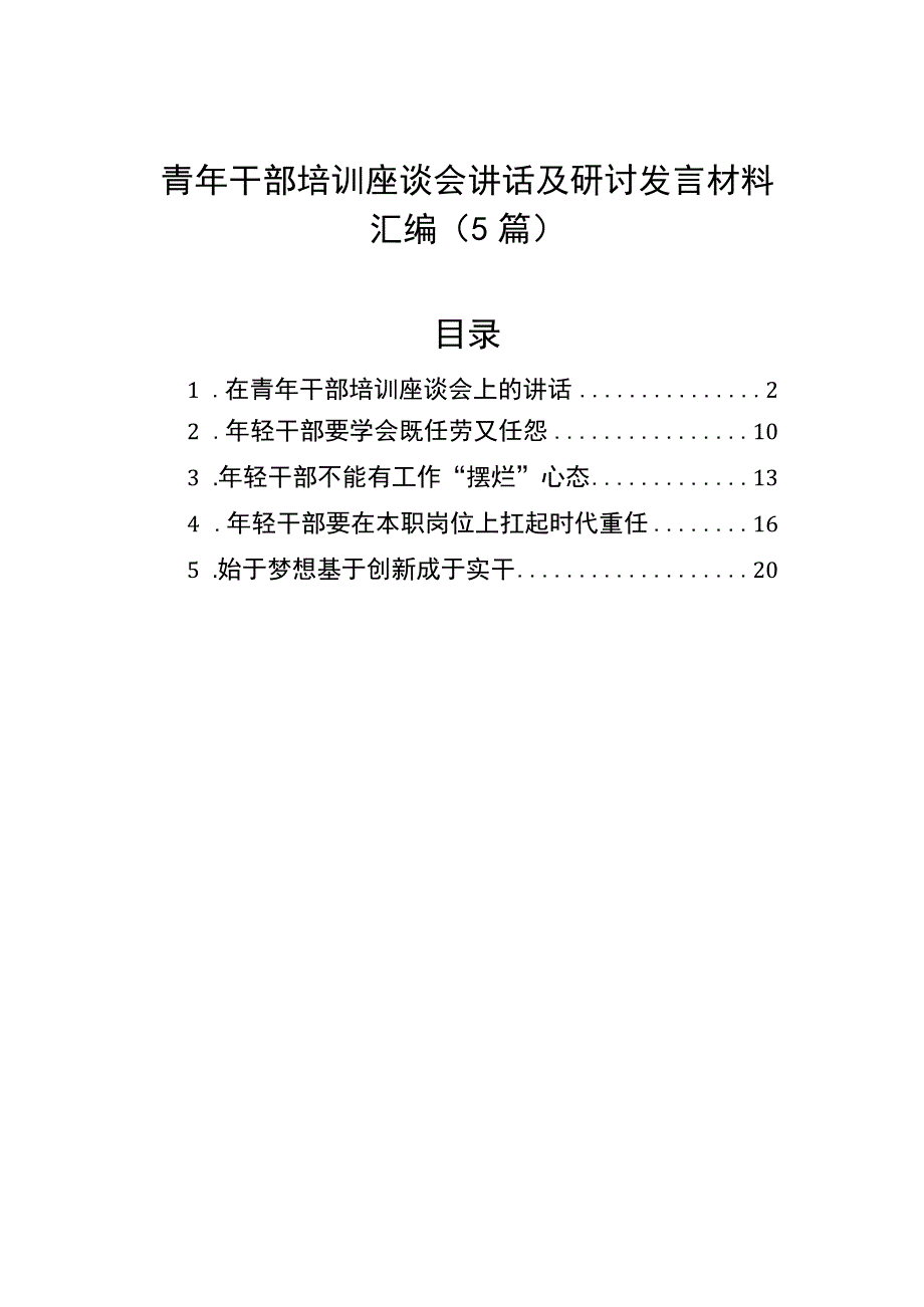 青年干部培训座谈会讲话及研讨发言材料（5篇）.docx_第1页