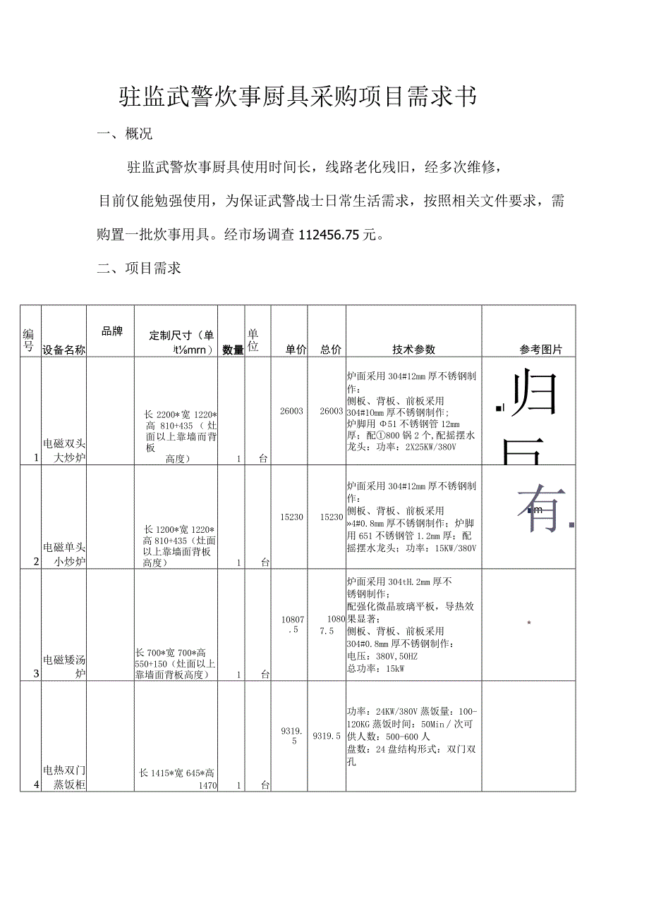 驻监武警炊事厨具采购项目需求书.docx_第1页