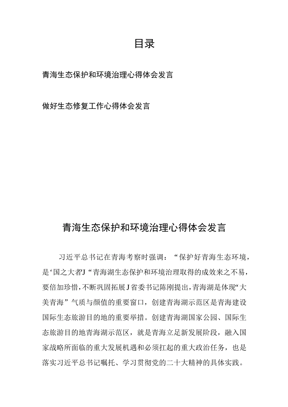 青海生态保护和环境治理心得体会发言、做好生态修复工作心得体会发言共两篇.docx_第1页