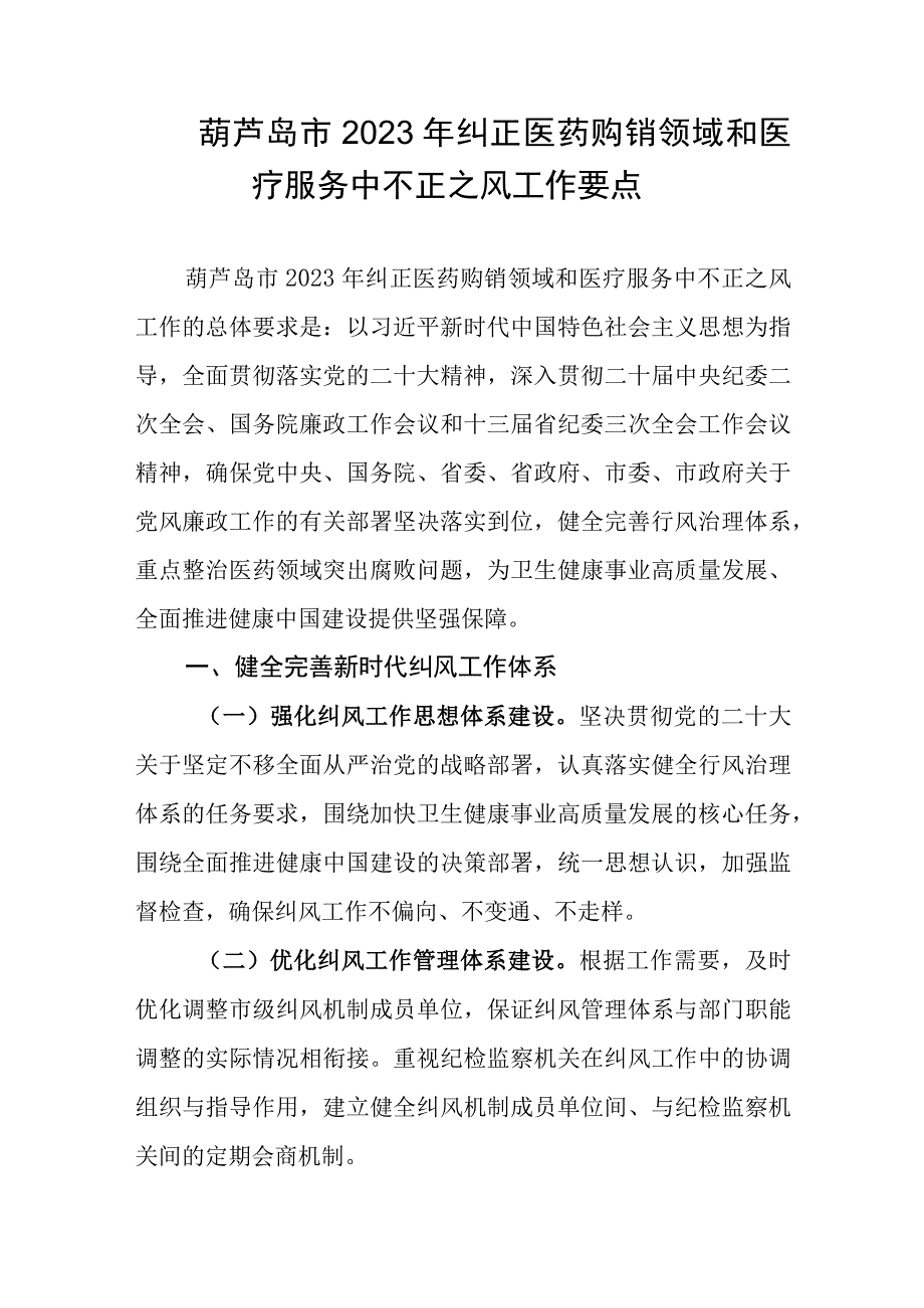 葫芦岛市2023年纠正医药购销领域和医疗服务中不正之风工作要点.docx_第1页