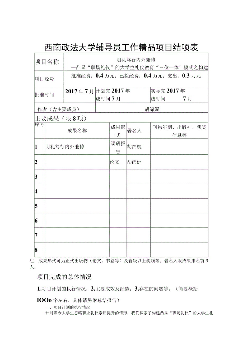 西南政法大学辅导员工作精品项目结项表.docx_第1页