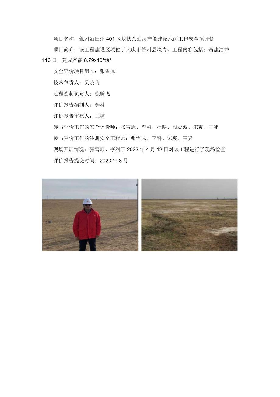 肇州油田州401区块扶余油层产能建设地面工程安全预评价.docx_第1页