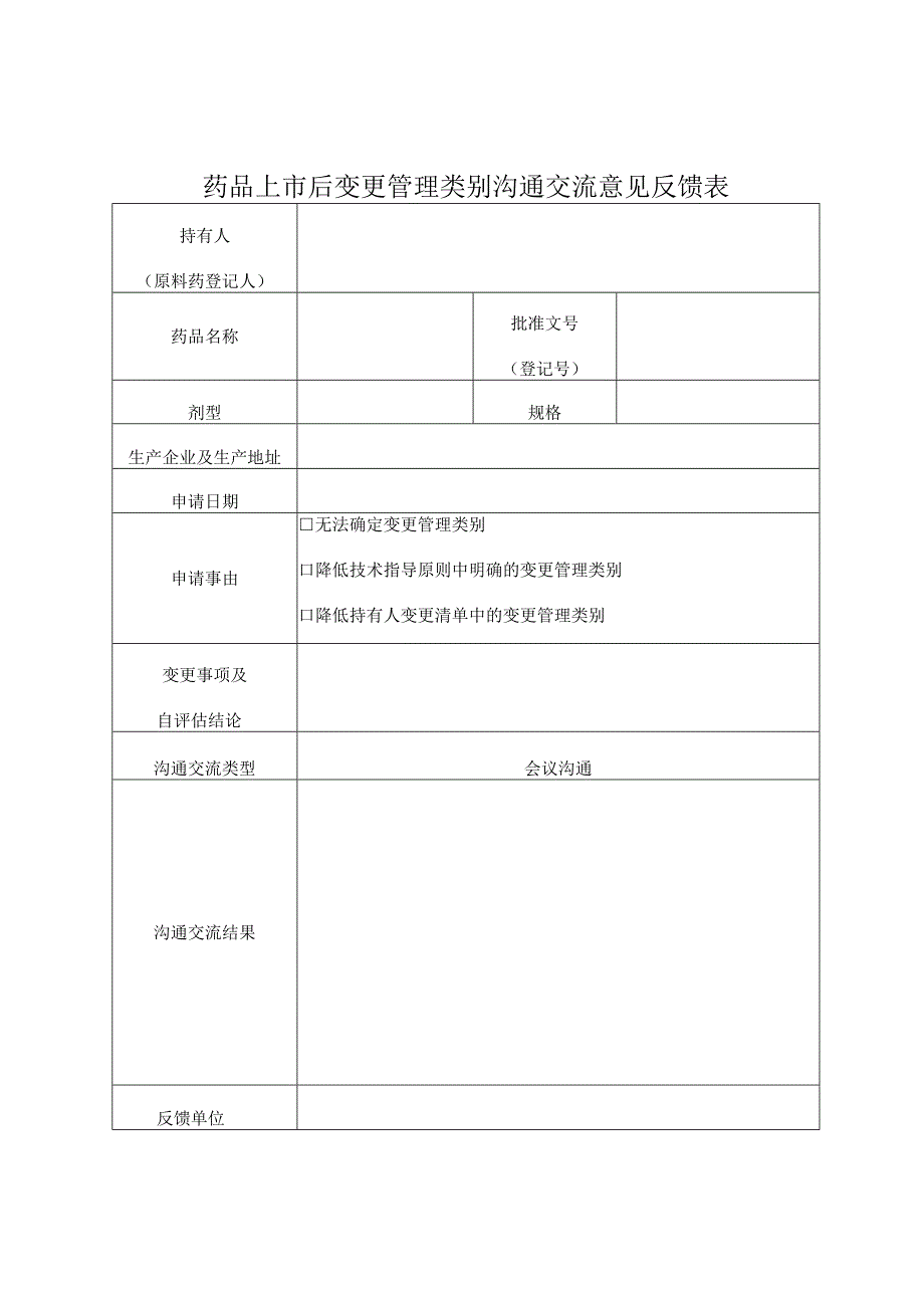 药品上市后变更管理类别沟通交流意见反馈表.docx_第1页