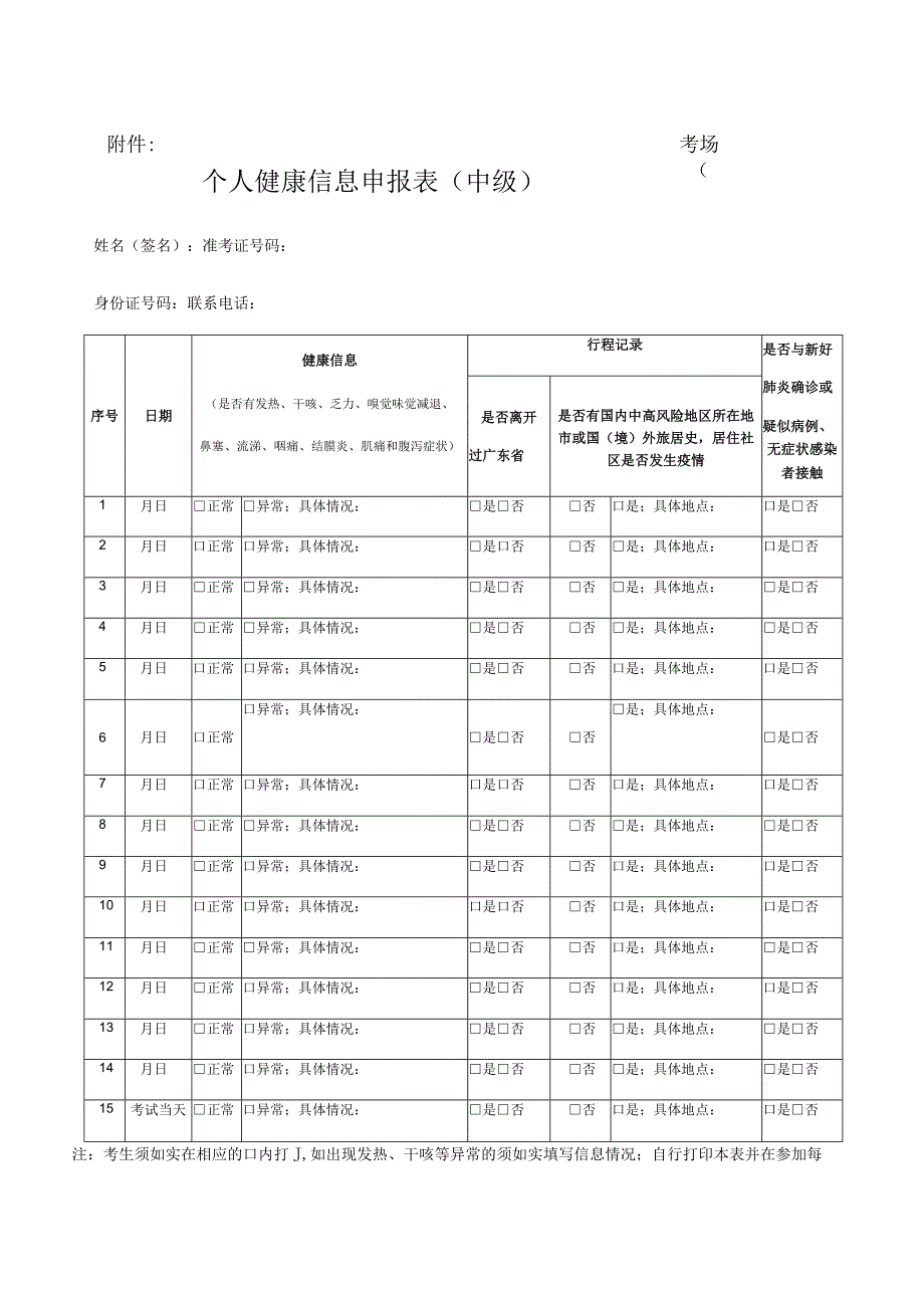 考场号个人健康信息申报表中级.docx_第1页