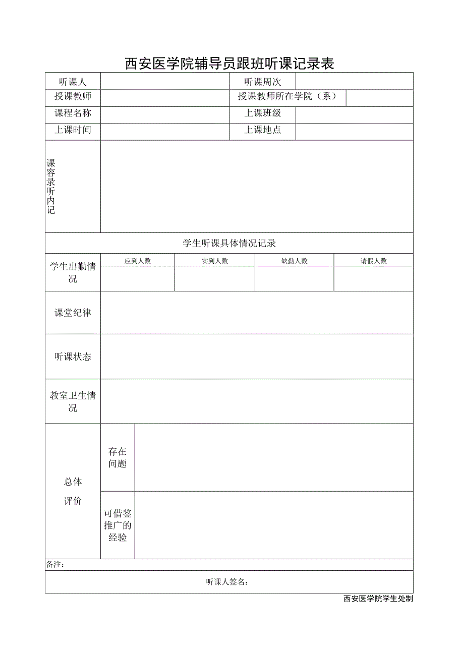 西安医学院辅导员跟班听课记录表.docx_第1页