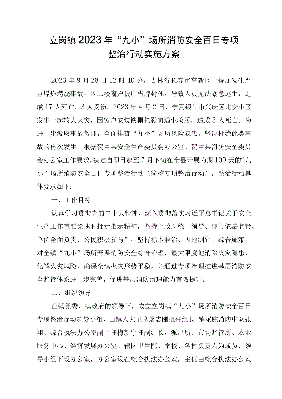 立岗镇2023年“九小”场所消防安全百日专项整治行动实施方案.docx_第1页