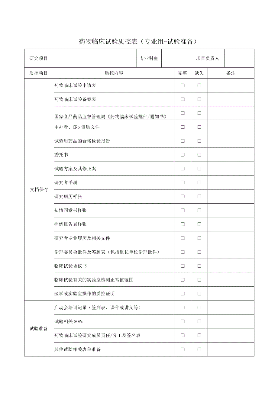 药物临床试验质控表专业组-试验准备.docx_第1页