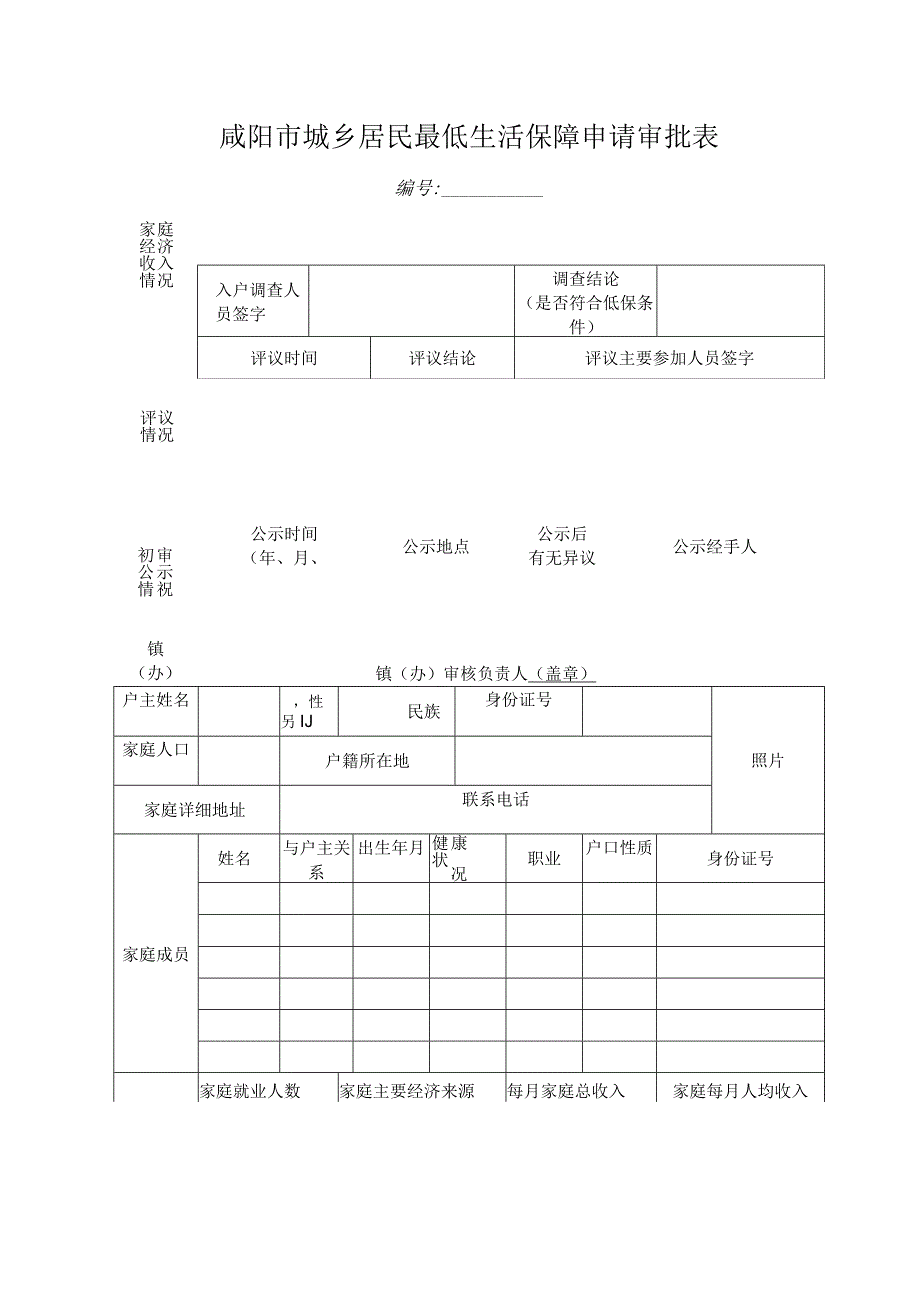 咸阳市城乡居民最低生活保障申请审批表.docx_第1页