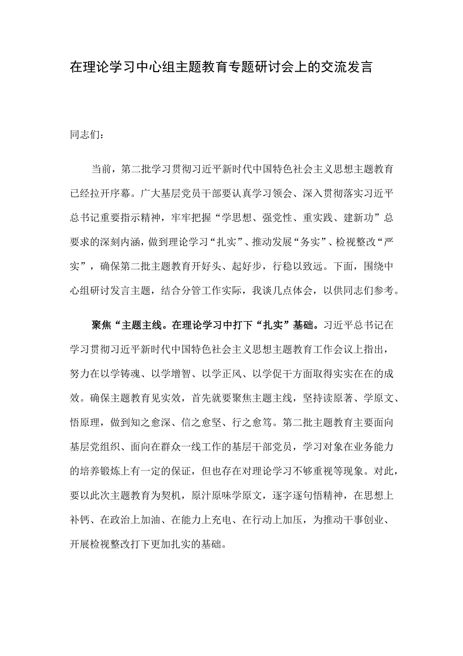 在理论学习中心组主题教育专题研讨会上的交流发言.docx_第1页