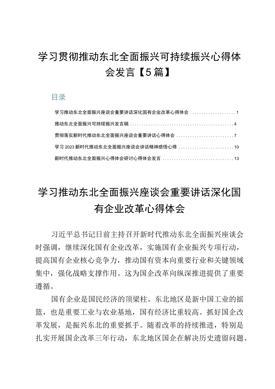 学习贯彻推动东北全面振兴可持续振兴心得体会发言【5篇】.docx_第1页