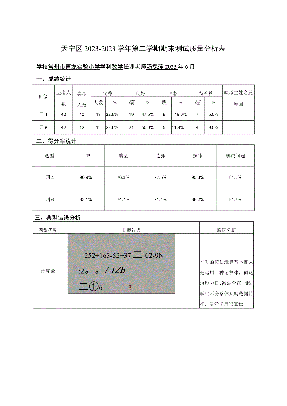 天宁区2021-2022学年第二学期期末测试质量分析表.docx_第1页