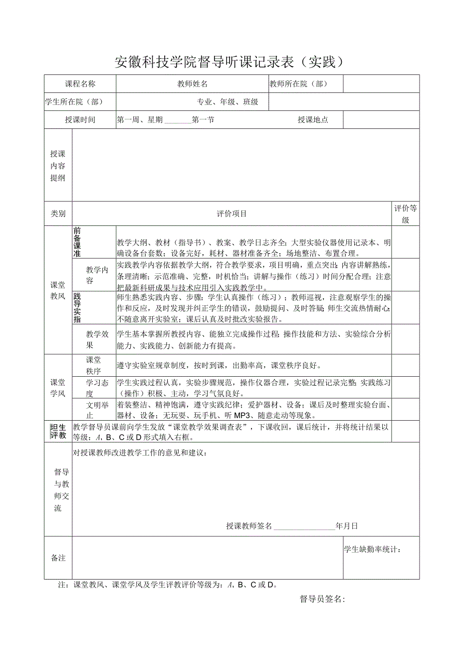 安徽科技学院督导听课记录表实践.docx_第1页