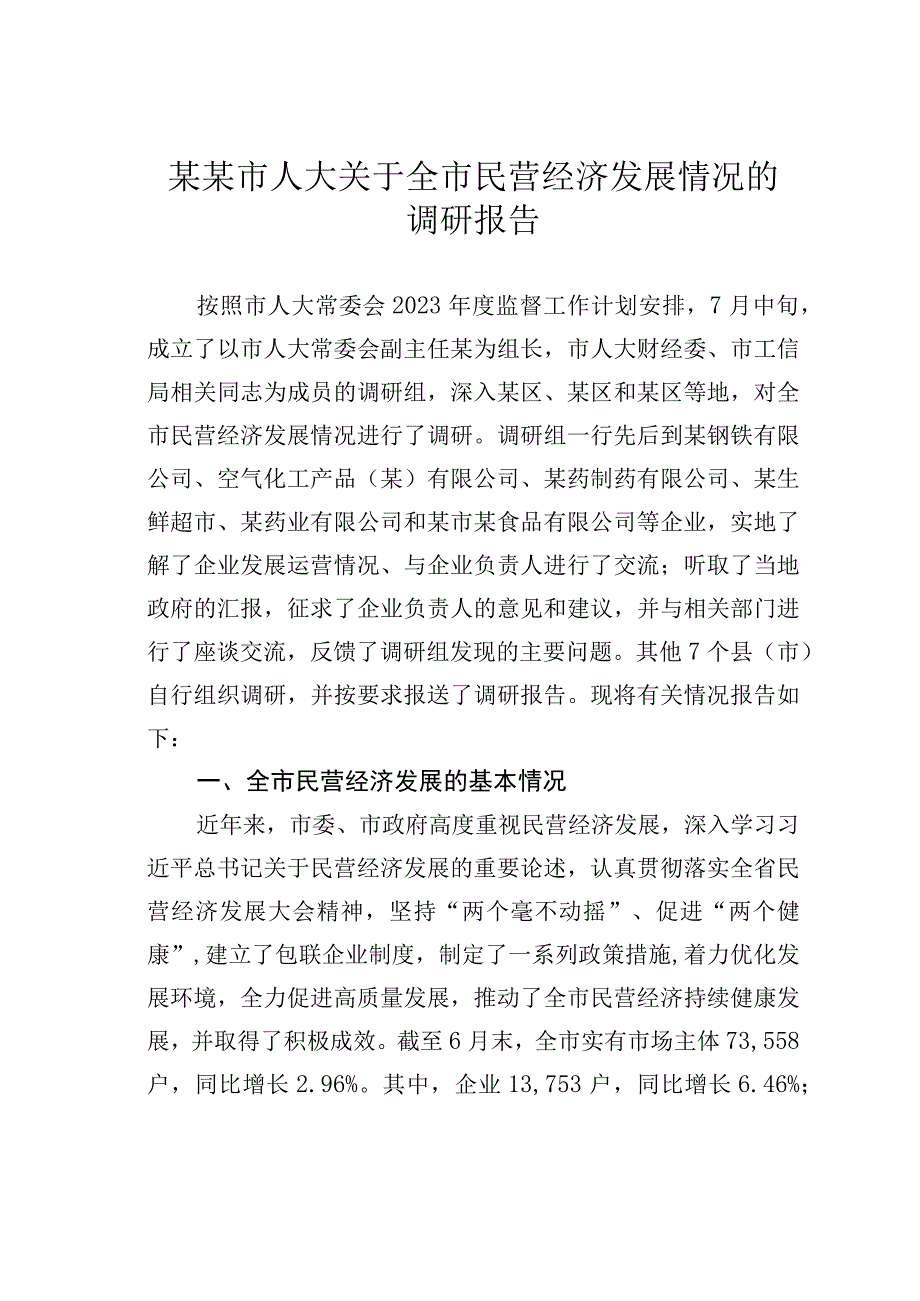 某某市人大关于全市民营经济发展情况的调研报告.docx_第1页