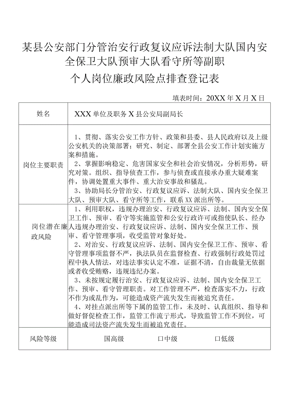 某县公安部门分管治安行政复议应诉法制大队国内安全保卫大队预审大队看守所等副职个人岗位廉政风险点排查登记表.docx_第1页