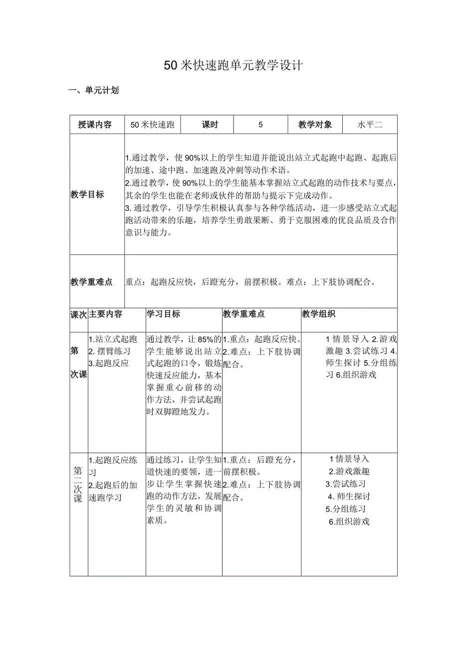 水平二（三、四年级）体育《50米快速跑》教学设计及教案（附单元教学计划）.docx_第1页