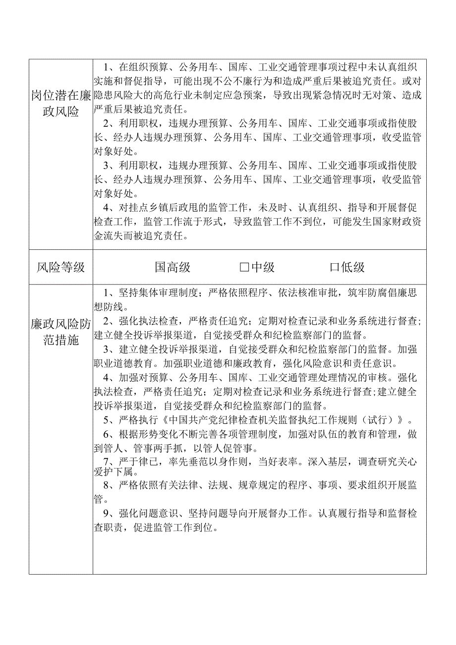 某县财政部门分管预算公务用车管理国库工业交通管理等副职个人岗位廉政风险点排查登记表.docx_第2页