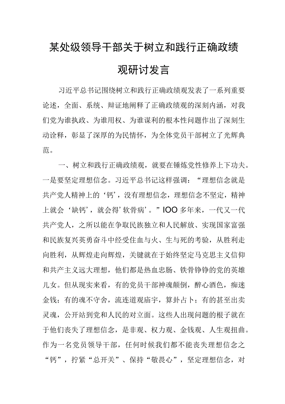 某处级领导干部关于树立和践行正确政绩观研讨发言.docx_第1页