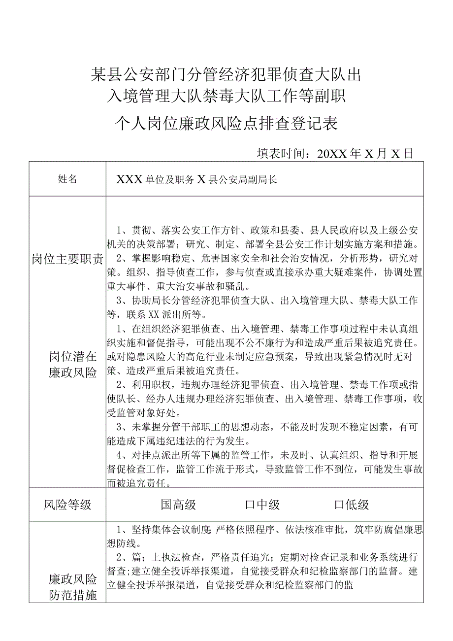 某县公安部门分管经济犯罪侦查大队出入境管理大队禁毒大队工作等副职个人岗位廉政风险点排查登记表.docx_第1页