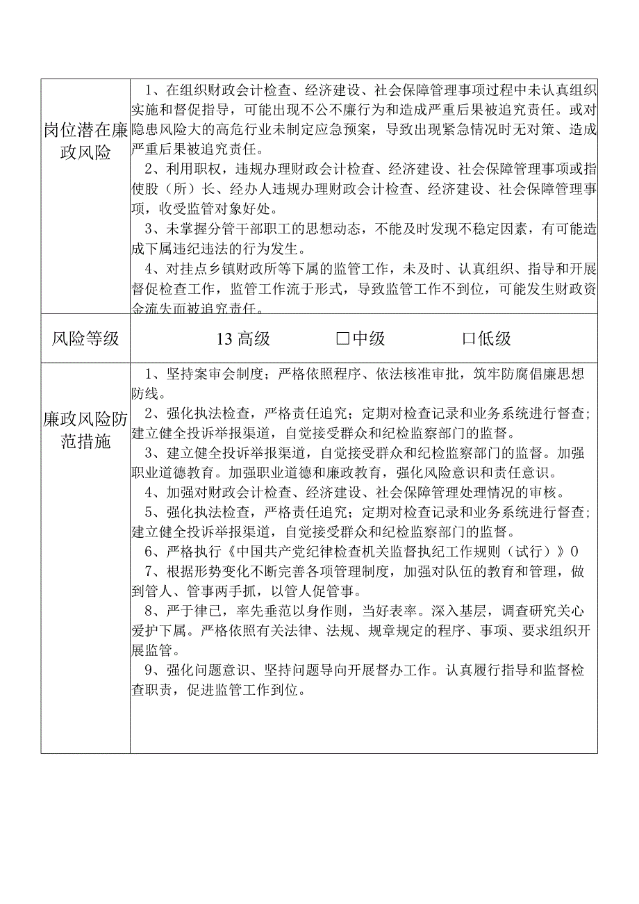 某县财政部门分管财政会计检查经济建设社会保障管理总会计师个人岗位廉政风险点排查登记表.docx_第2页