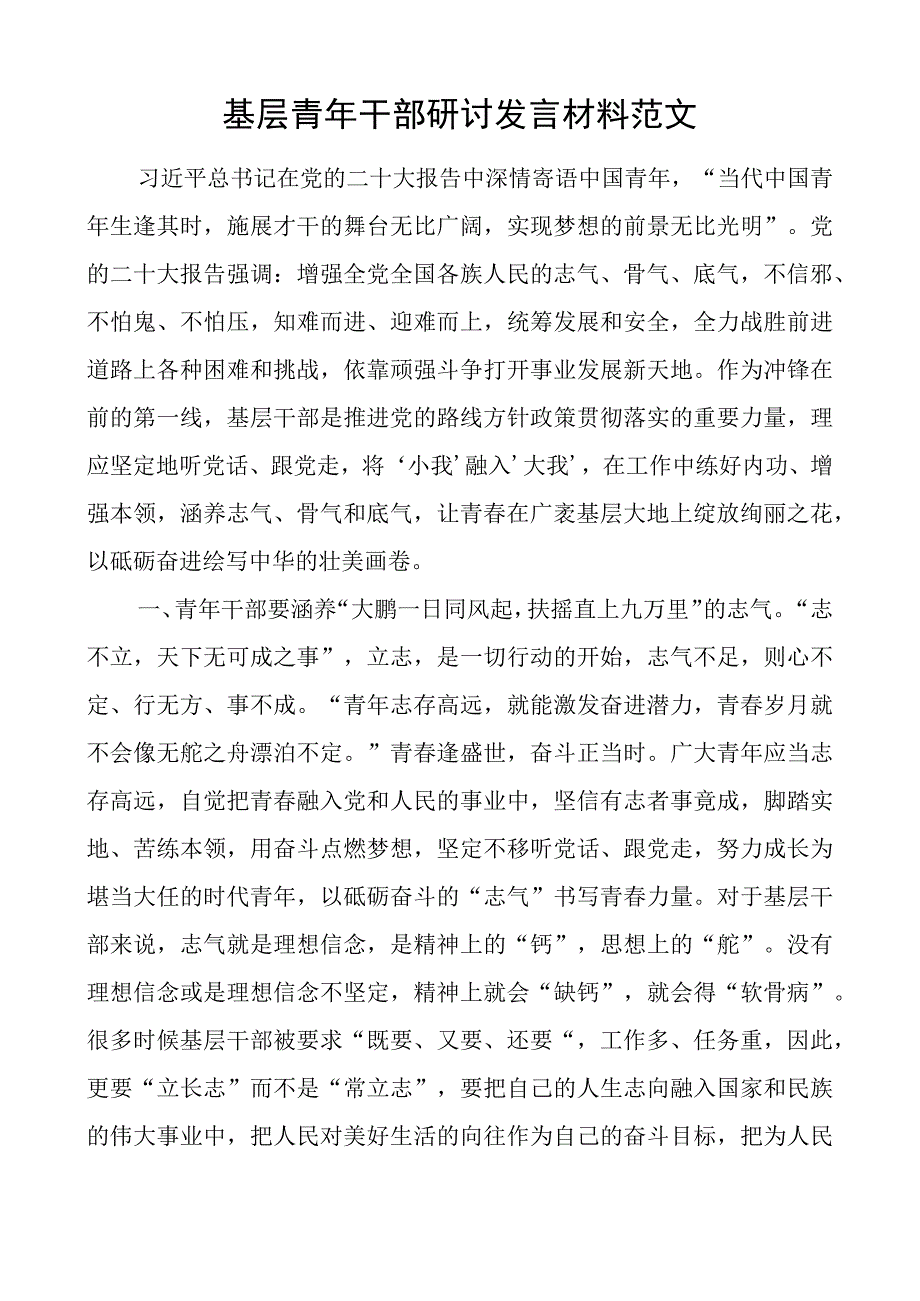 基层青年干部研讨发言材料年轻.docx_第1页