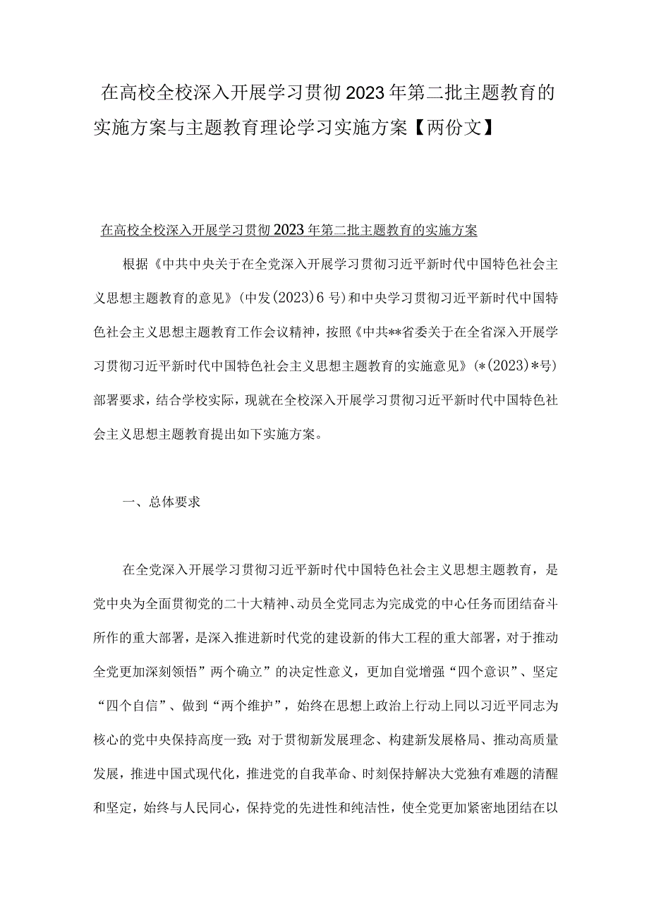 在高校全校深入开展学习贯彻2023年第二批主题教育的实施方案与主题教育理论学习实施方案【两份文】.docx_第1页