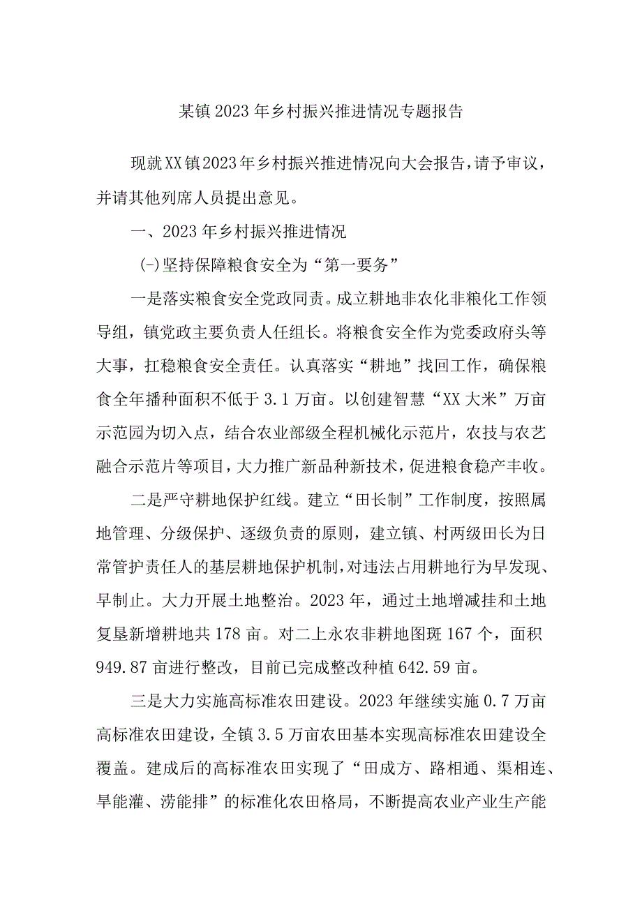 某镇2023年乡村振兴推进情况专题报告.docx_第1页