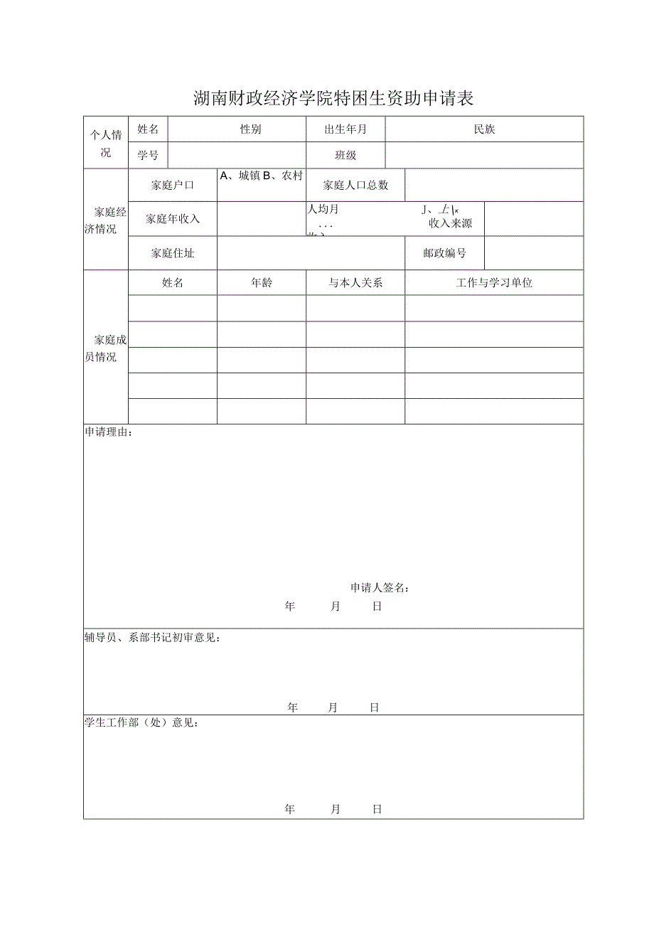 湖南财政经济学院特困生资助申请表.docx_第1页