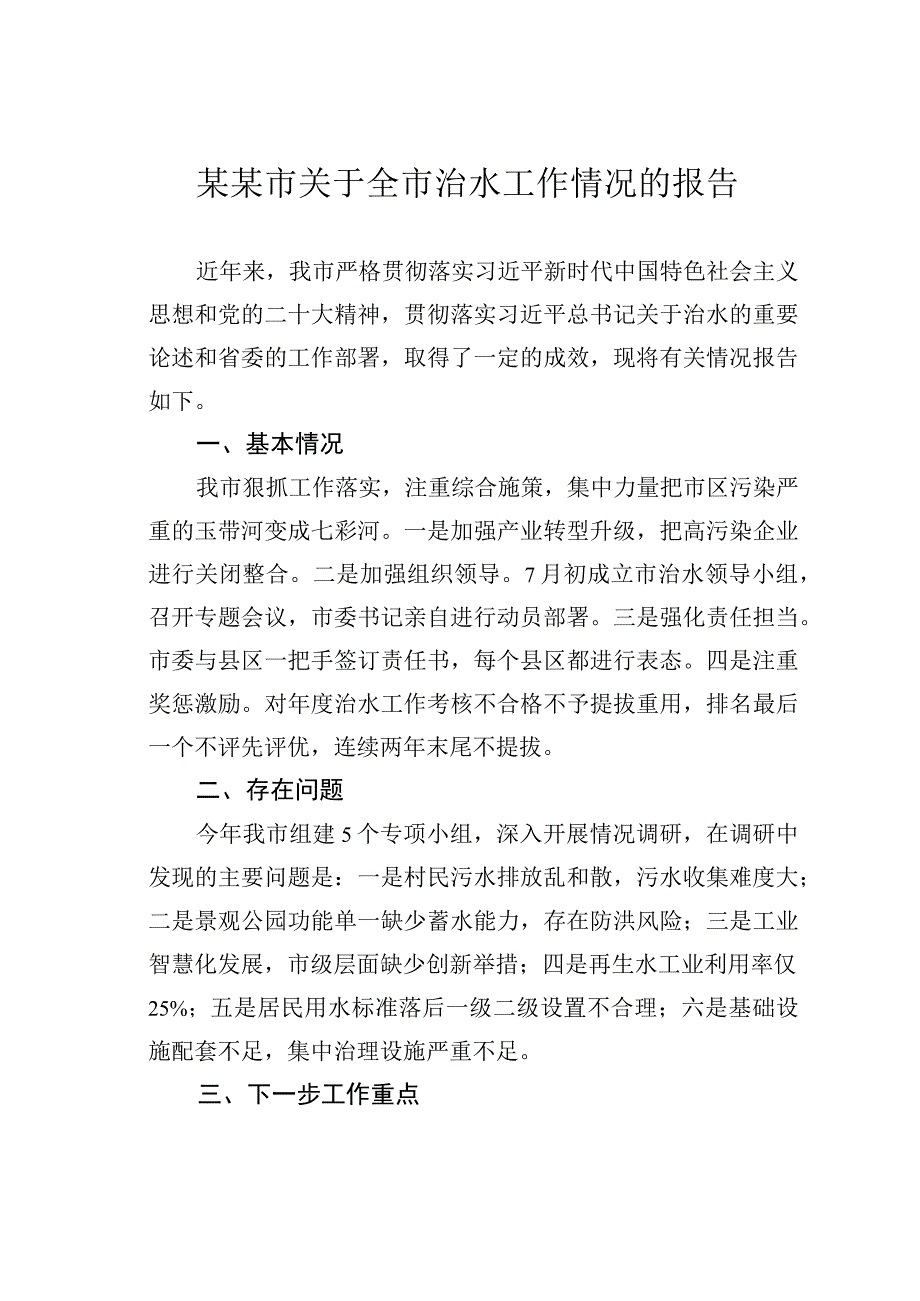 某某市关于全市治水工作情况的报告.docx_第1页