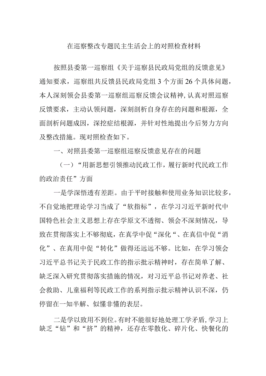 在巡察整改专题民主生活会上的对照检查材料.docx_第1页