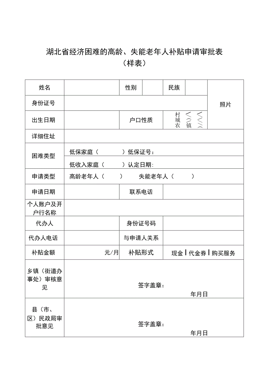 湖北省经济困难的高龄、失能老年人补贴申请审批表样表.docx_第1页