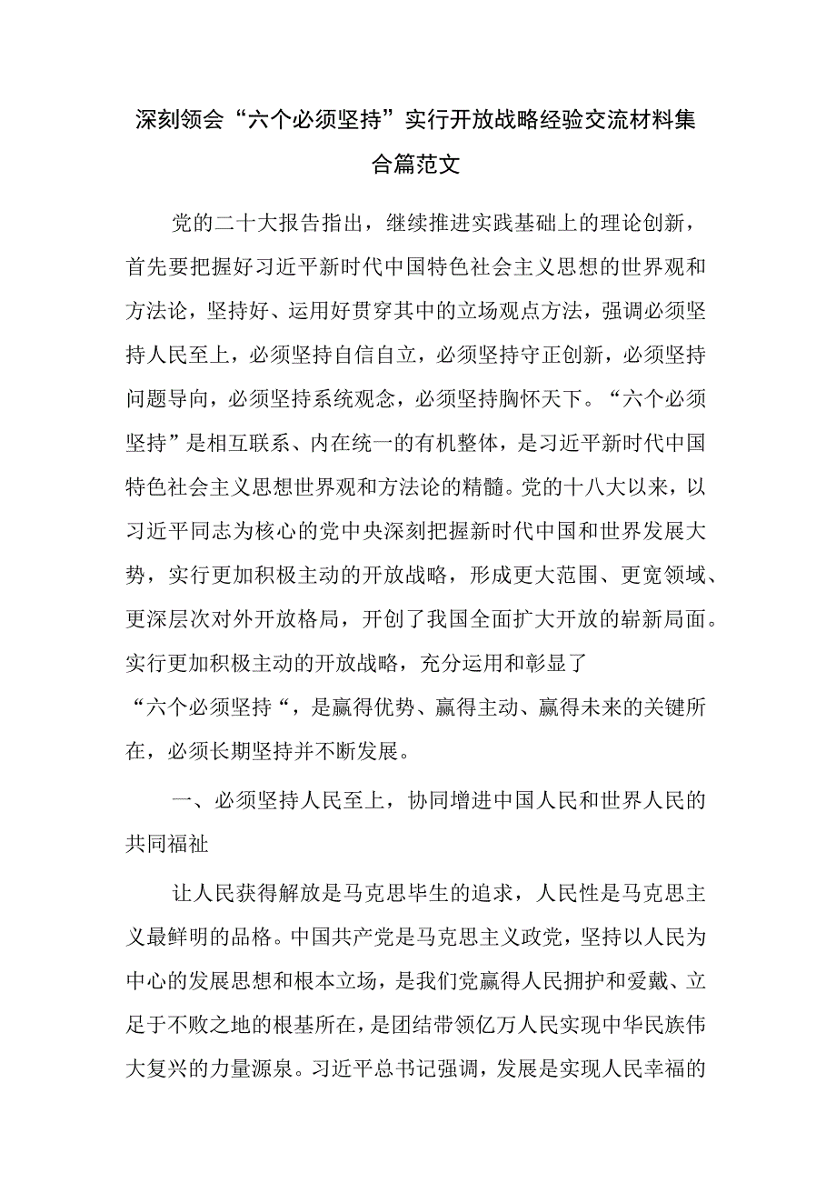 深刻领会“六个必须坚持”实行开放战略经验交流材料集合篇范文.docx_第1页