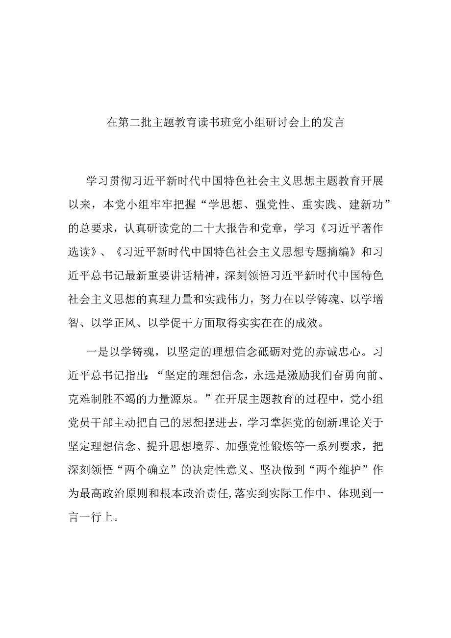 在第二批主题教育读书班党小组研讨会上的发言(二篇).docx_第1页