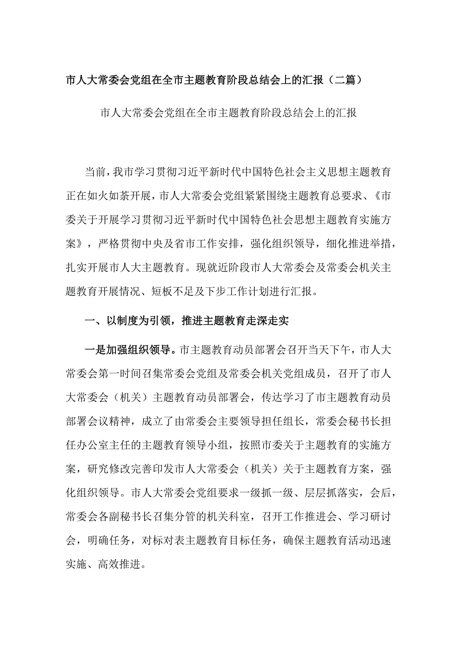 市人大常委会党组在全市主题教育阶段总结会上的汇报(二篇).docx_第1页